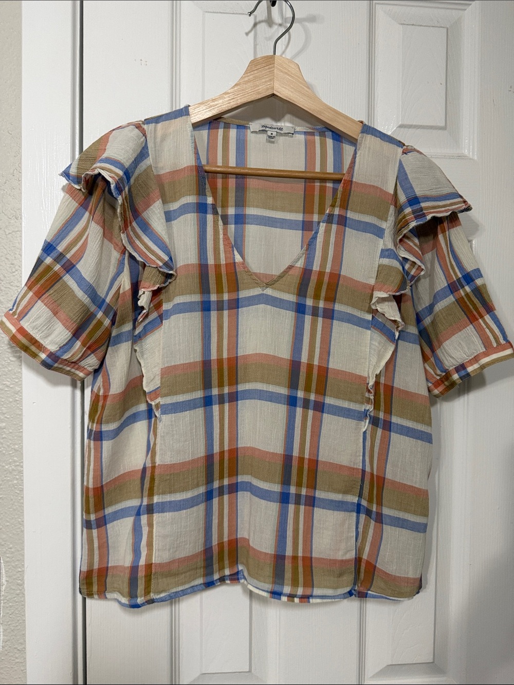 Madewell Plaid Flutter Sleeve V-Neck Blouse | Size Medium | 100% Cotton
